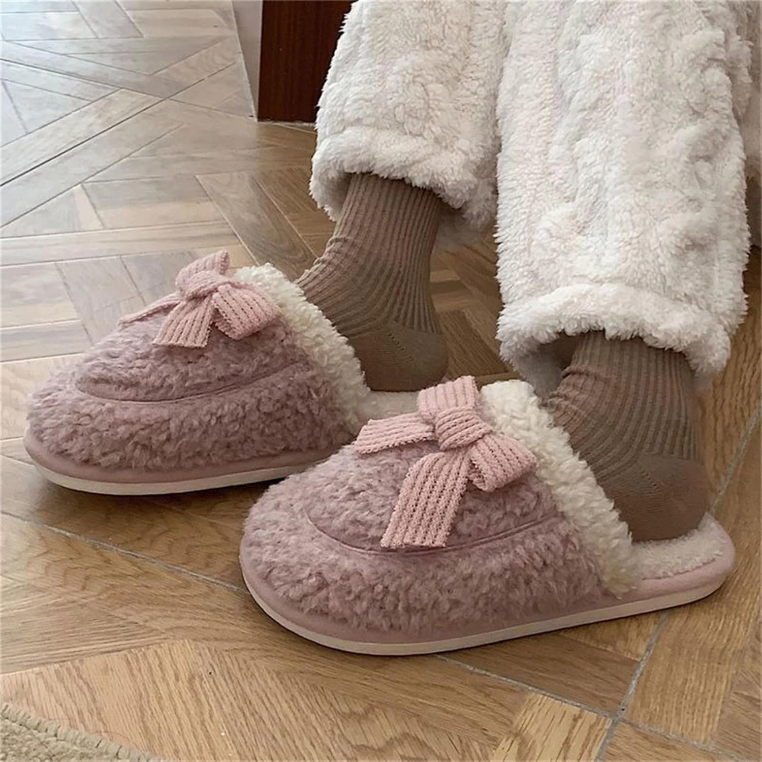 Bow slippers Plush cotton slippers Cotton slippers for men and women at home Warm cotton slippers Cotton slippers