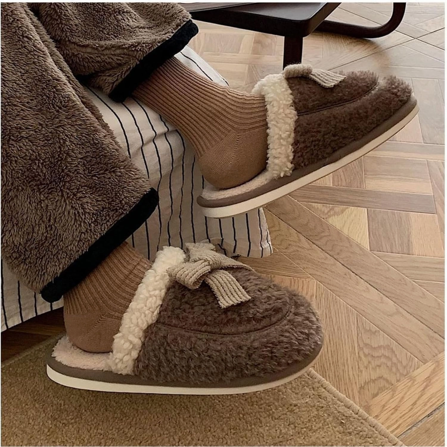 Bow slippers Plush cotton slippers Cotton slippers for men and women at home Warm cotton slippers Cotton slippers