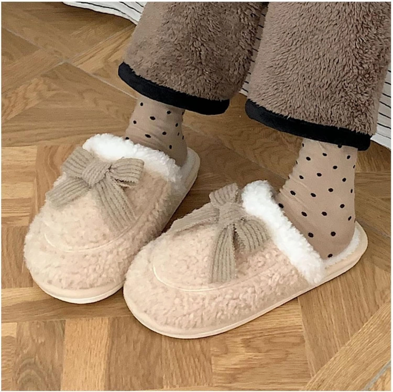 Bow slippers Plush cotton slippers Cotton slippers for men and women at home Warm cotton slippers Cotton slippers