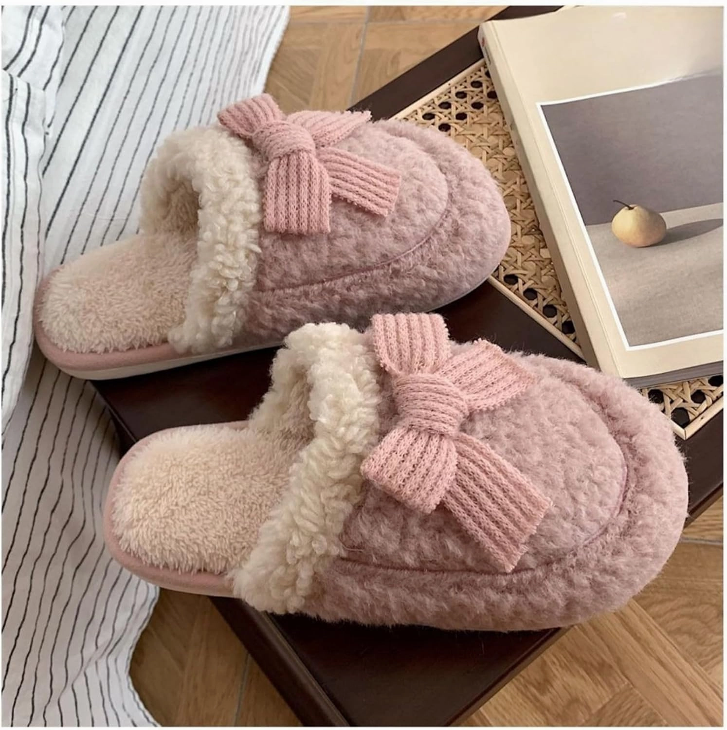 Bow slippers Plush cotton slippers Cotton slippers for men and women at home Warm cotton slippers Cotton slippers