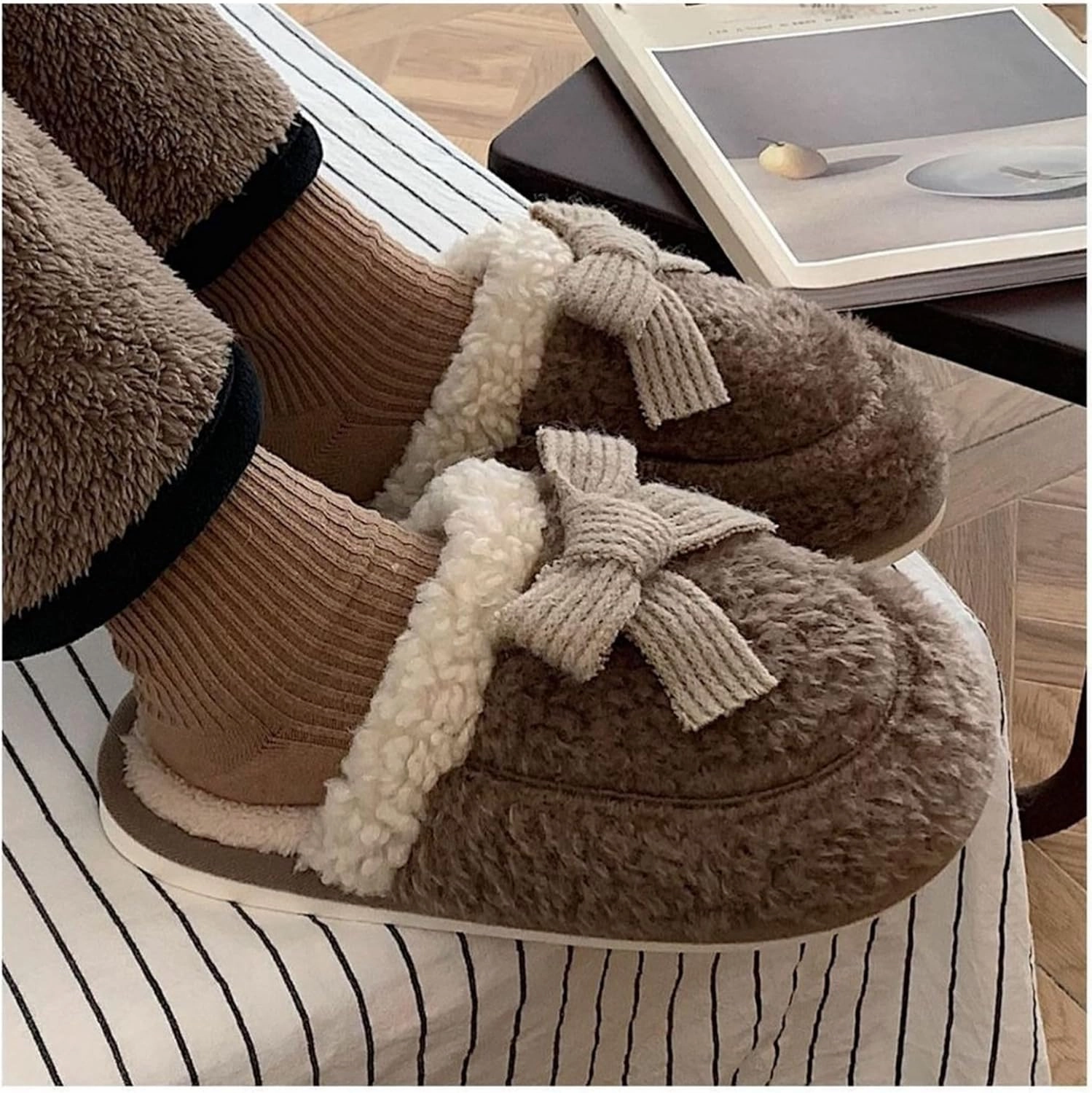 Bow slippers Plush cotton slippers Cotton slippers for men and women at home Warm cotton slippers Cotton slippers