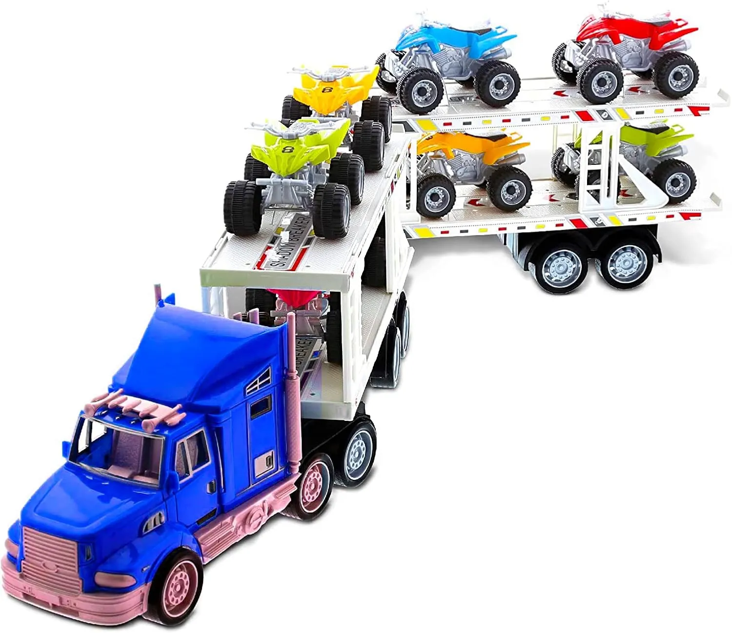 BPC Kids Toddlers Children 3-10 yrs Old Toy Truck, Hauler Trailer Carrier Set with 8 Brightly Colored Automatic ATVs