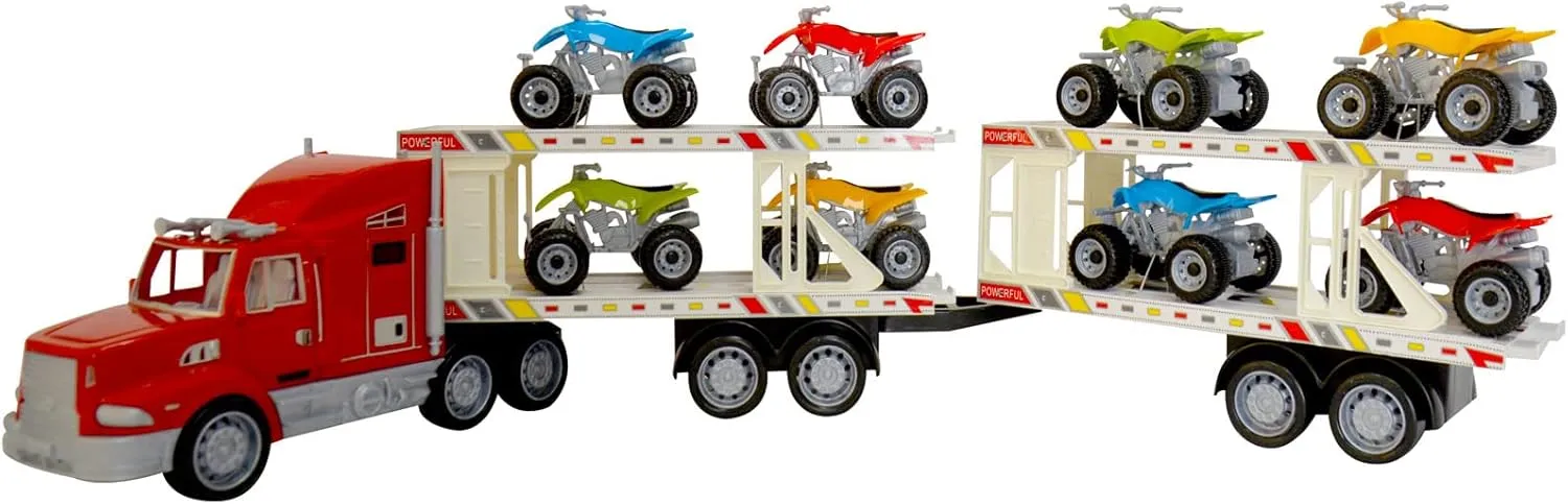 BPC Semi Truck Strong Safe Transport Vehicle, Includes Dual Hauler Trailers and 8 Battery-Less Fast Racing ATV Cars