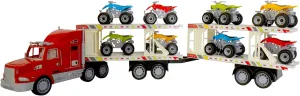 BPC Semi Truck Strong Safe Transport Vehicle, Includes Dual Hauler Trailers and 8 Battery-Less Fast Racing ATV Cars