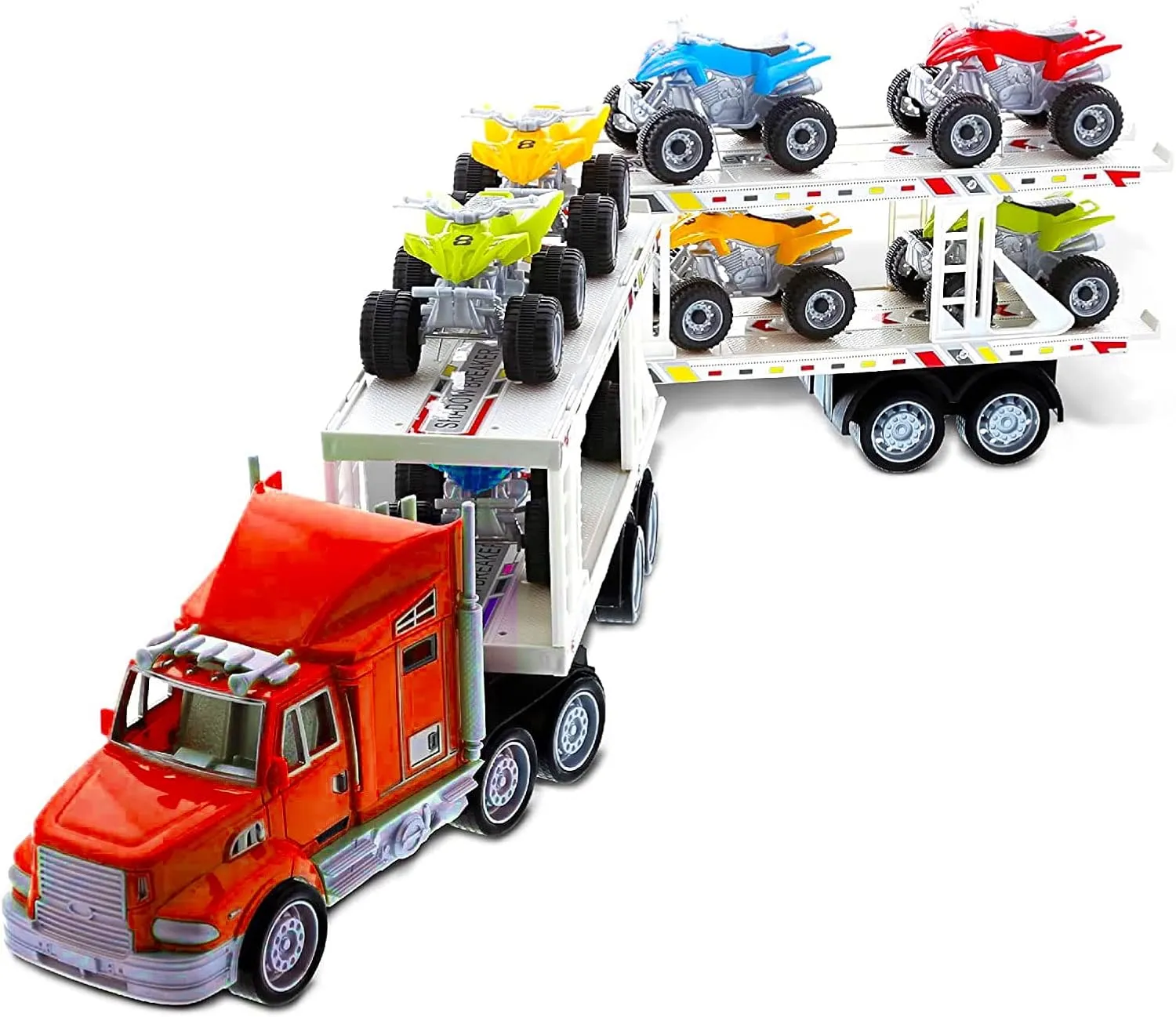 BPC Semi Truck Strong Safe Transport Vehicle, Includes Dual Hauler Trailers and 8 Battery-Less Fast Racing ATV Cars