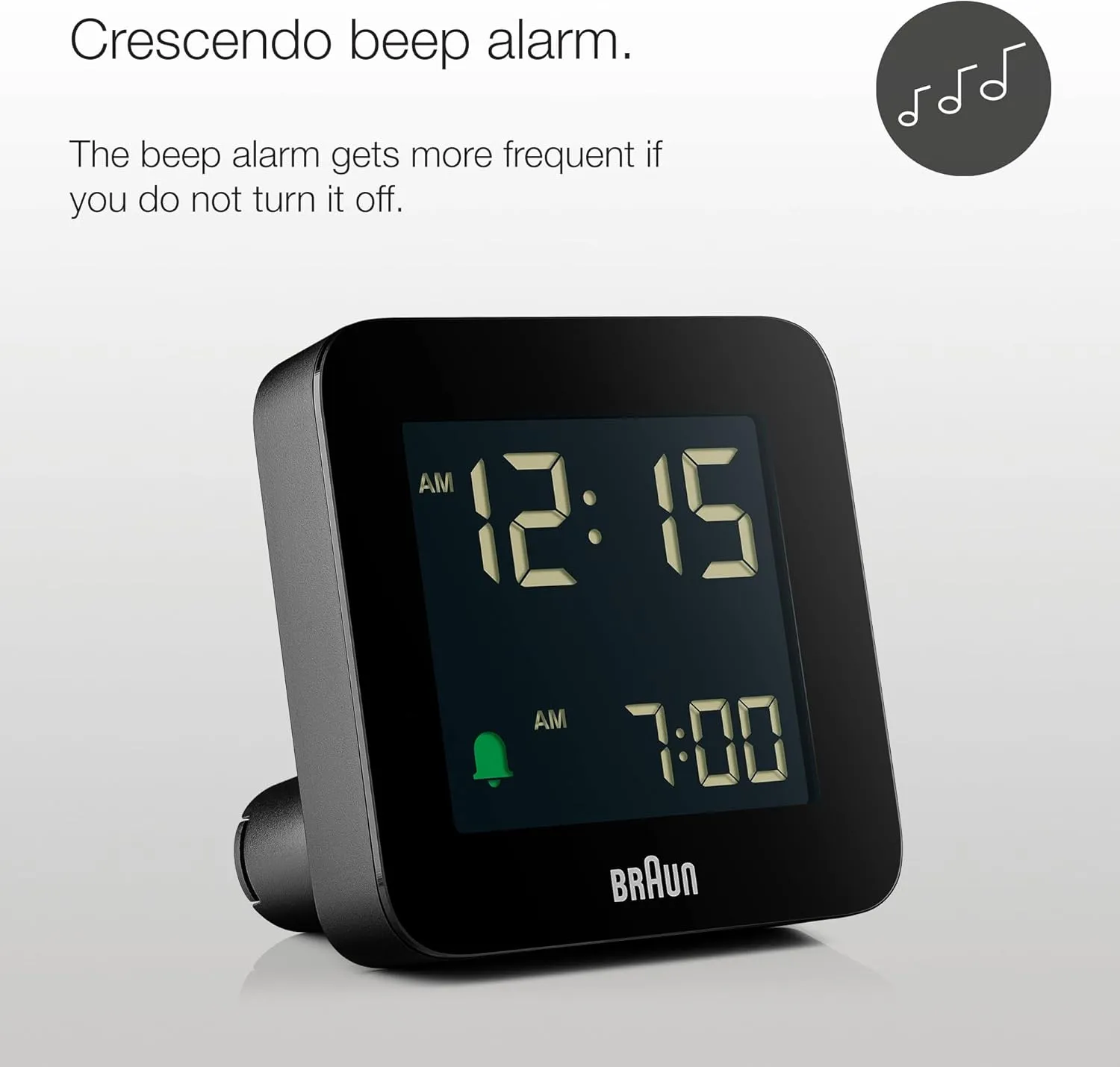 Braun Digital Alarm Clock with Snooze, Negative LCD Display, Quick Set, Crescendo Beep Alarm in Black, Model BC09B (1-Pack)