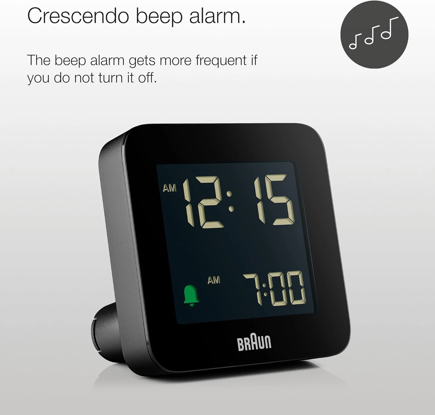 Braun Digital Alarm Clock with Snooze, Negative LCD Display, Quick Set, Crescendo Beep Alarm in Black, Model BC09B (1-Pack)