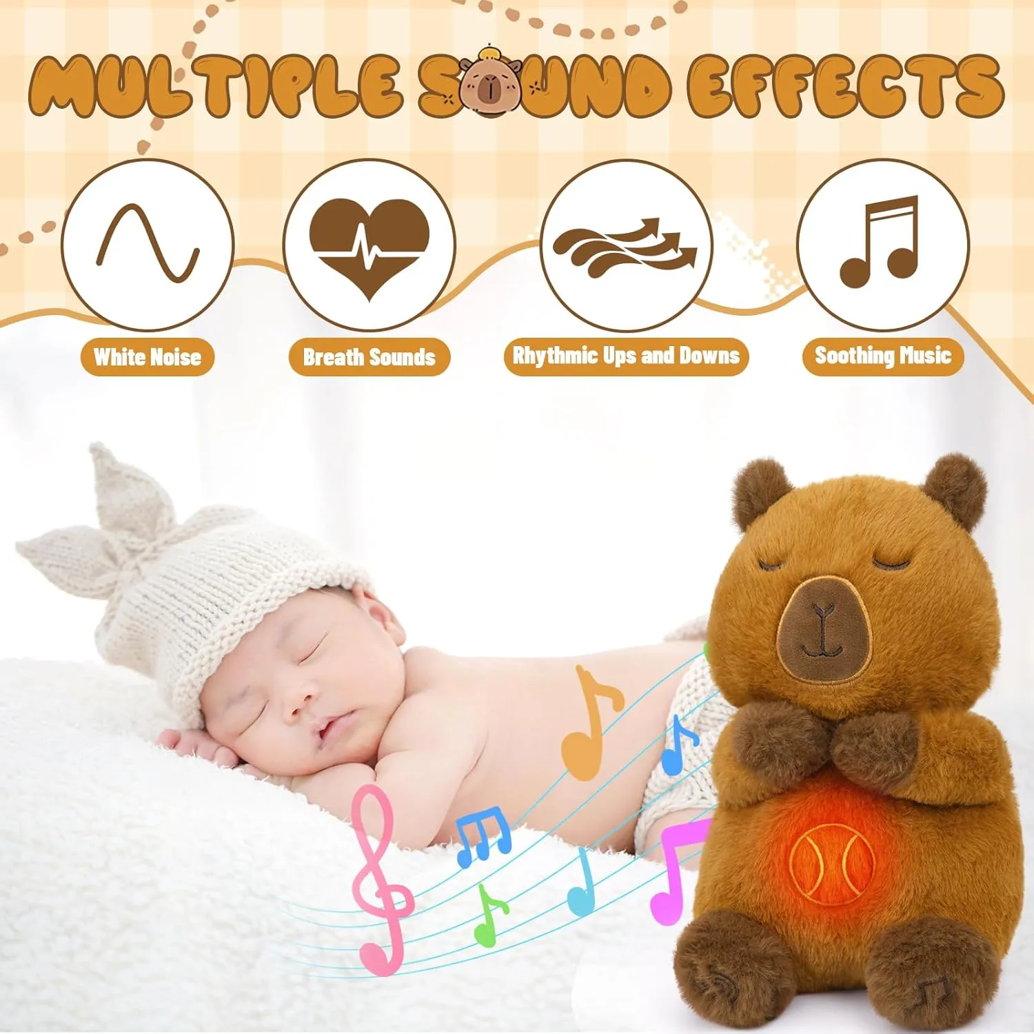 Breathing Stuffed Animal, Capybara Plush Sound Machine for Anxiety Adults and Kids, Sleeping Capybara Plushies with Realistic Breathing Motion and Lights