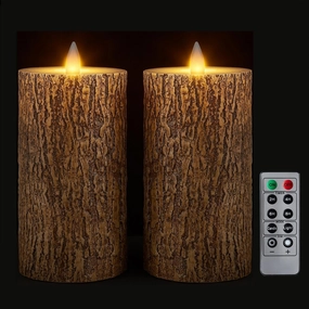 Brown Bark Wax Flameless Pillar Candles with Remote Timer, 3D Moving Flame Led Candles up to 400 Hours with 2AA Batteries, Set of 2(3''x6''), Remote Included (Brown).