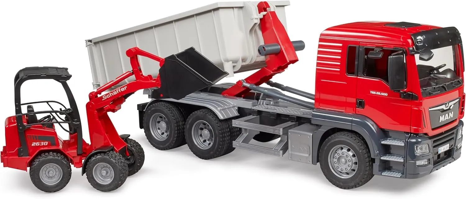 Bruder 03767 Man TGS Truck with Roll Off Container and Schäffer Compact Loader 2630