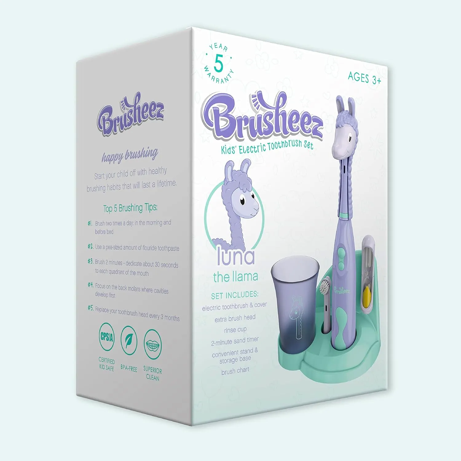 Brusheez Kids’ Electric Toothbrush Set - Safe & Effective for Ages 3  - Parent Tested & Approved with Gentle Bristles, 2 Brush Heads, Rinse Cup, 2-Minute Timer, & Storage Base (Luna The Llama)