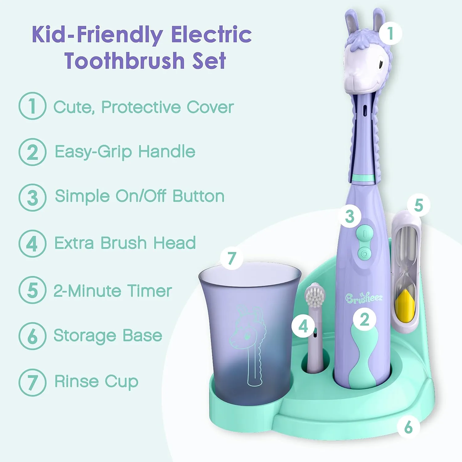 Brusheez Kids’ Electric Toothbrush Set - Safe & Effective for Ages 3  - Parent Tested & Approved with Gentle Bristles, 2 Brush Heads, Rinse Cup, 2-Minute Timer, & Storage Base (Luna The Llama)