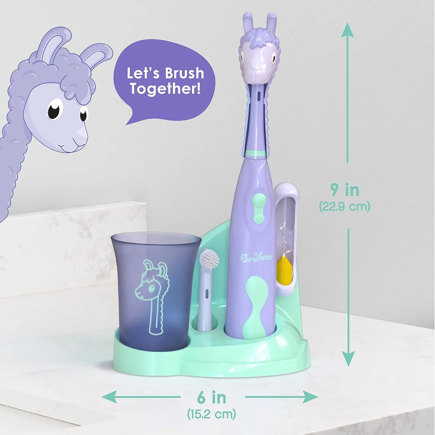 Brusheez Kids’ Electric Toothbrush Set - Safe & Effective for Ages 3  - Parent Tested & Approved with Gentle Bristles, 2 Brush Heads, Rinse Cup, 2-Minute Timer, & Storage Base (Luna The Llama)