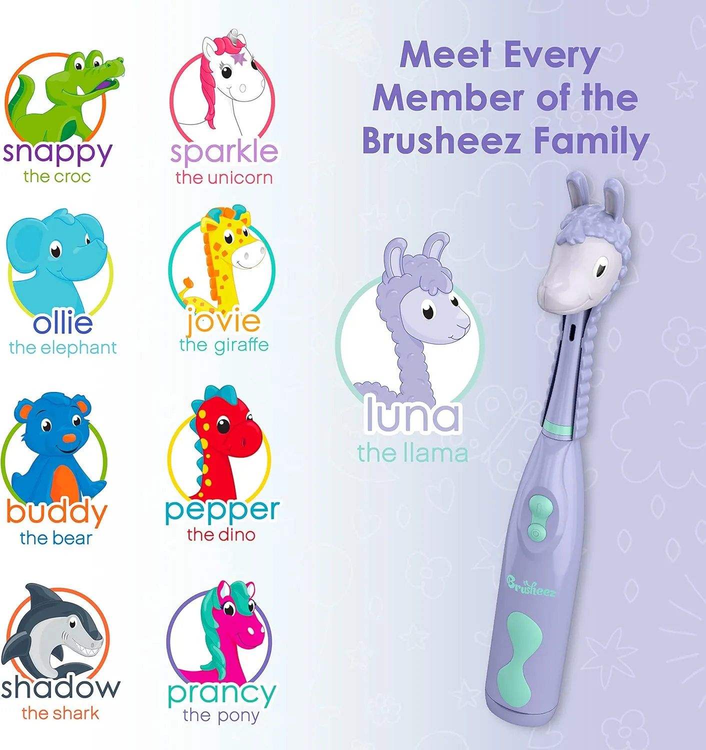 Brusheez Kids’ Electric Toothbrush Set - Safe & Effective for Ages 3  - Parent Tested & Approved with Gentle Bristles, 2 Brush Heads, Rinse Cup, 2-Minute Timer, & Storage Base (Luna The Llama)