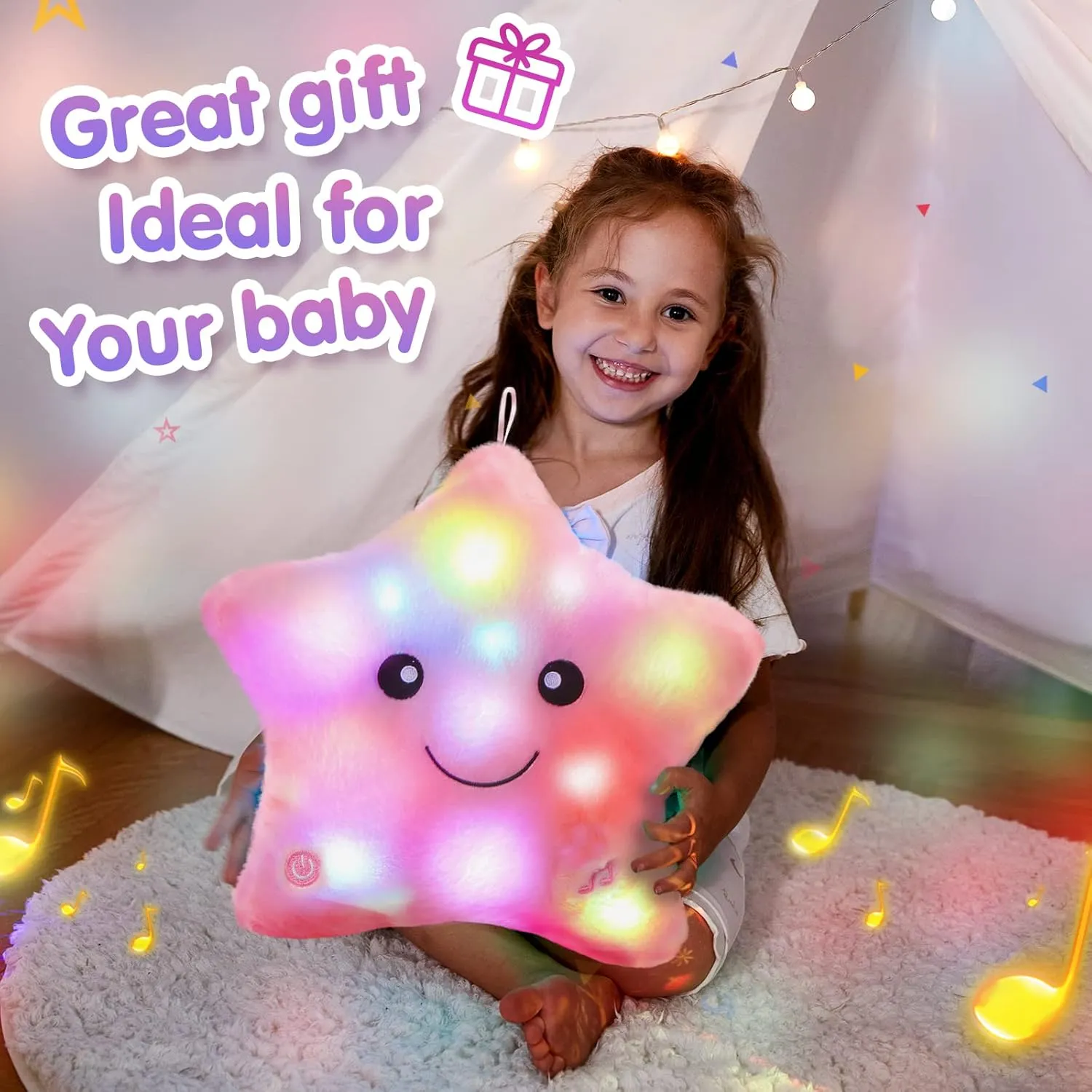 BSTAOFY Musical LED Twinkle Star Stuffed Animals Creative Lullaby Light up Soft Singing Pillow Plush Toys Accompany Kids Glow at Night Birthday for Girls Toddlers, Pink