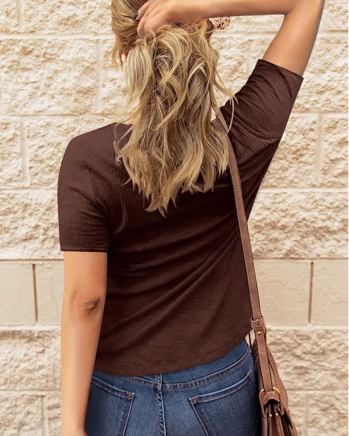 BTFBM Women 2025 Summer Henley Tunic Top V Neck Short Sleeve Button UP Solid Slim Fit Casual Ribbed Knit Shirt Blouses