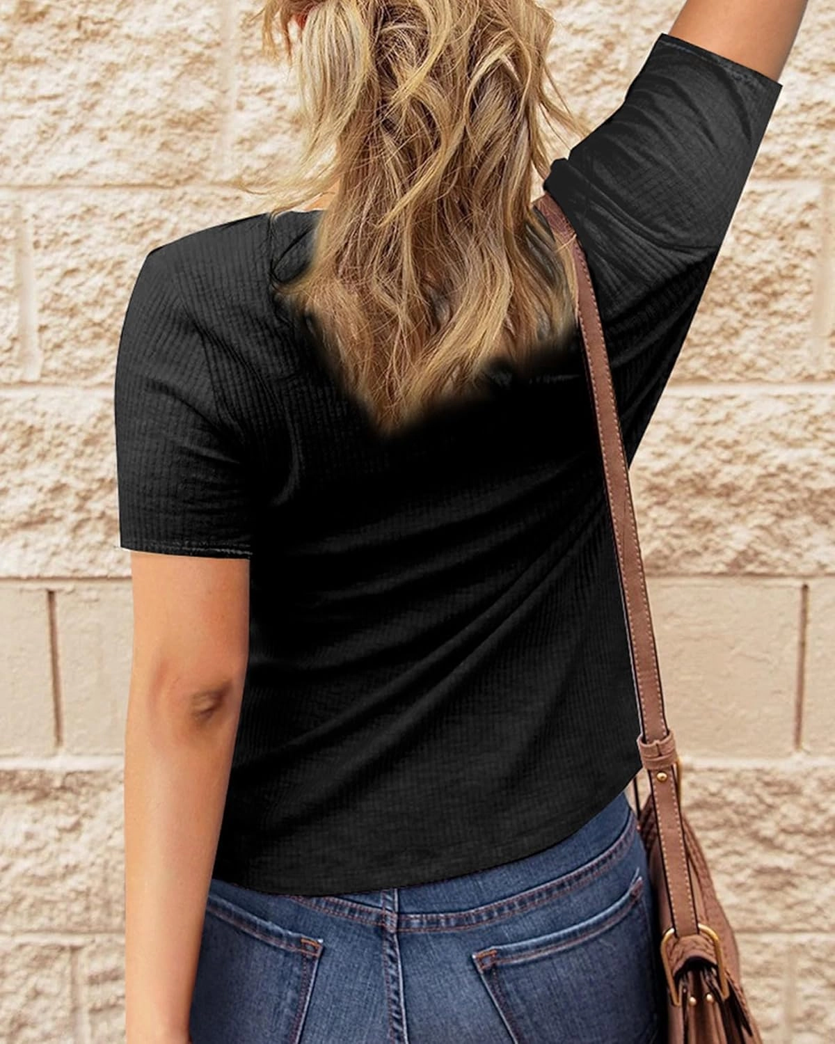 BTFBM Women 2025 Summer Henley Tunic Top V Neck Short Sleeve Button UP Solid Slim Fit Casual Ribbed Knit Shirt Blouses