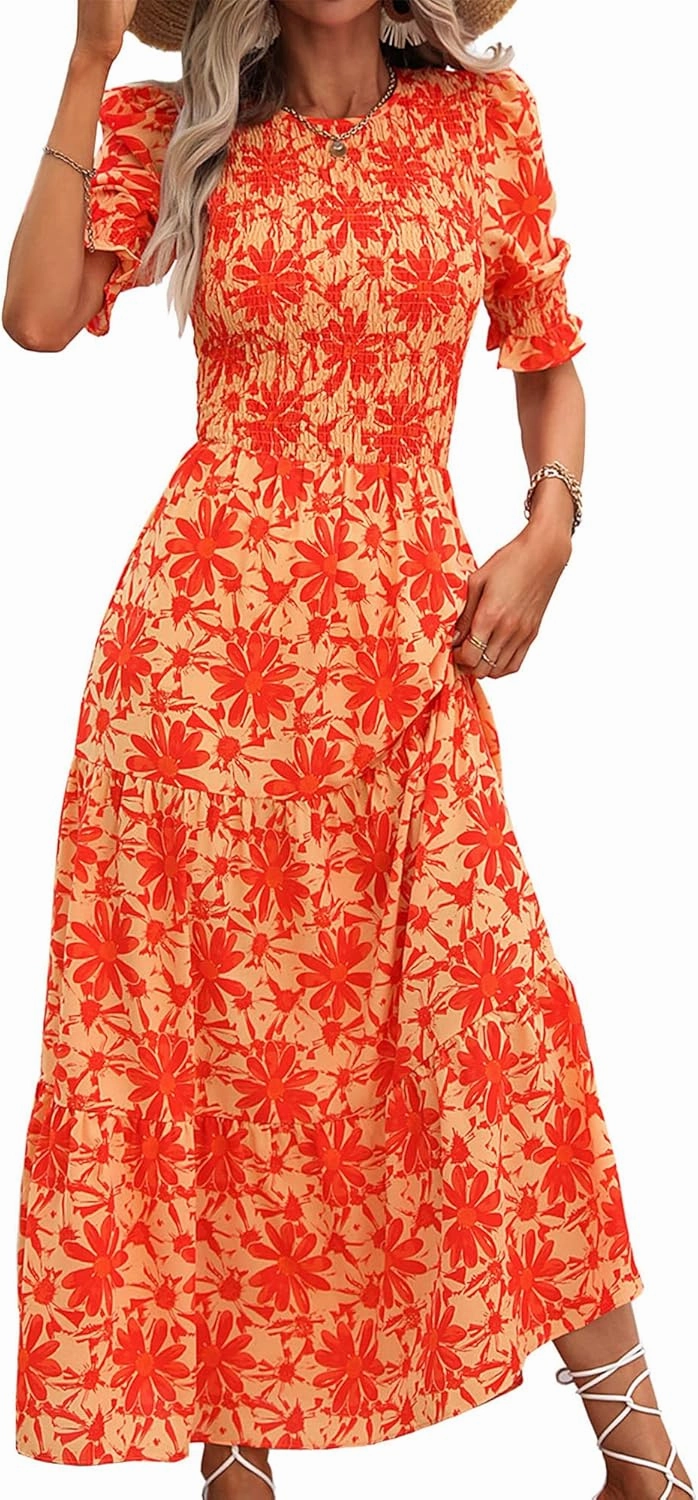 BTFBM Women Casual Summer Dresses 2025 Spring Crew Neck Ruffle Short Sleeve Floral Print Smocked Boho Flowy Maxi Dress