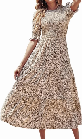 BTFBM Women Casual Summer Dresses 2025 Spring Crew Neck Ruffle Short Sleeve Floral Print Smocked Boho Flowy Maxi Dress