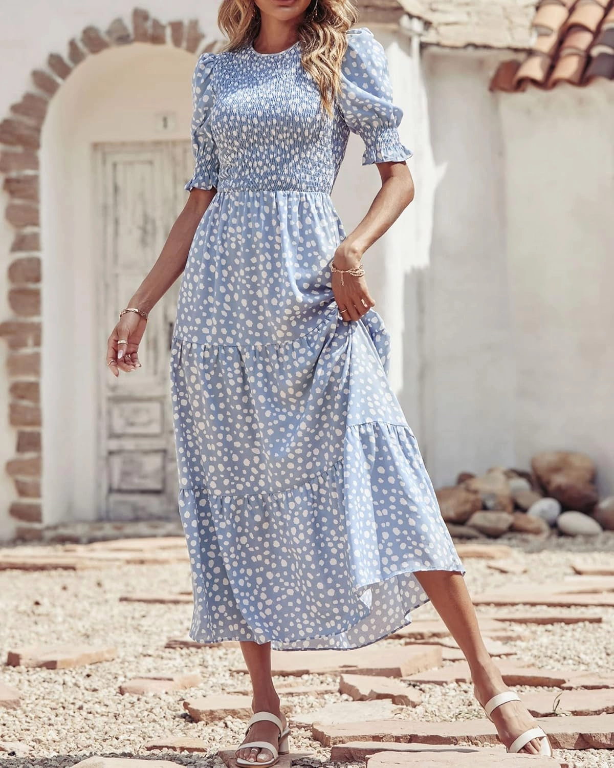 BTFBM Women Casual Summer Dresses 2025 Spring Crew Neck Ruffle Short Sleeve Floral Print Smocked Boho Flowy Maxi Dress