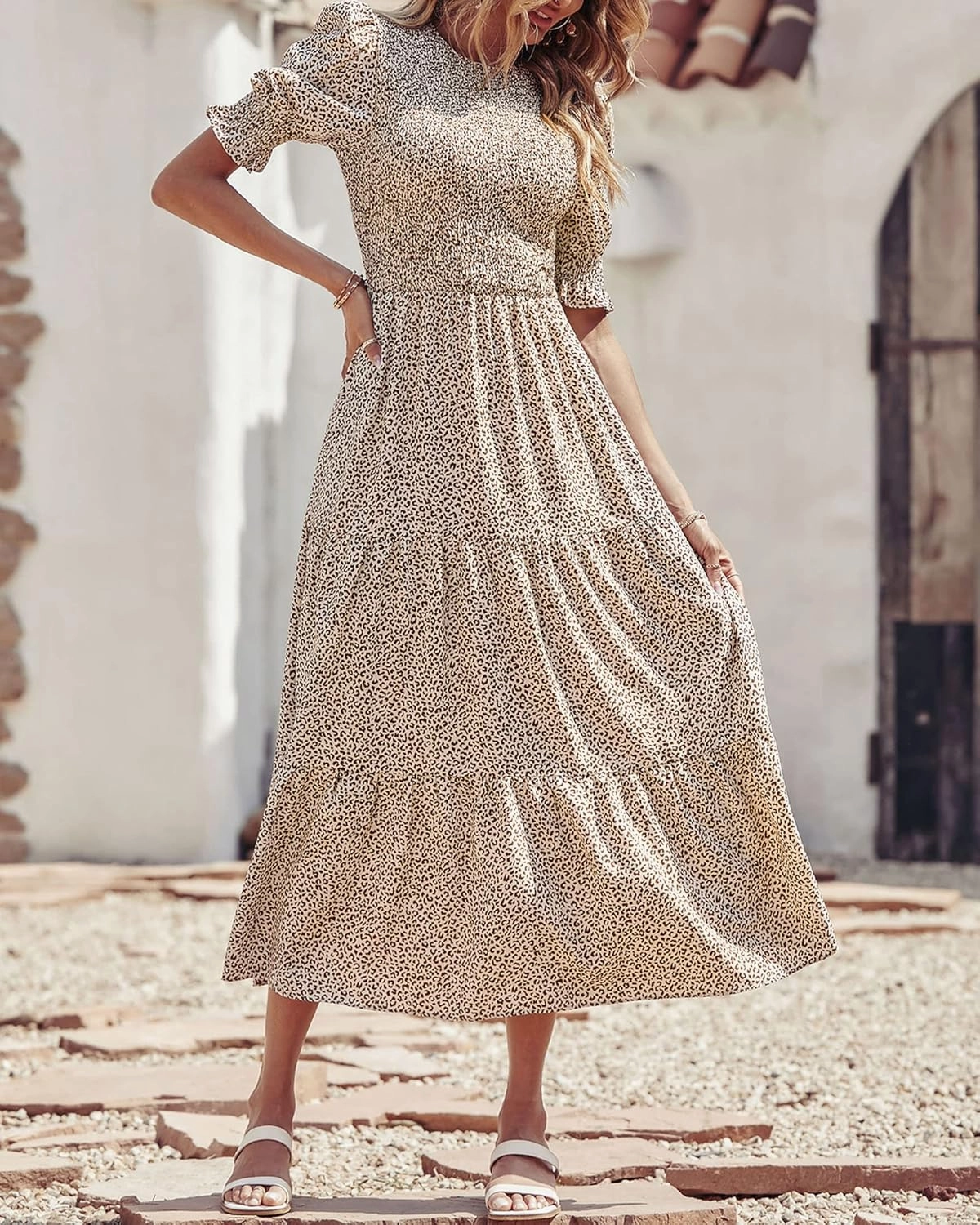 BTFBM Women Casual Summer Dresses 2025 Spring Crew Neck Ruffle Short Sleeve Floral Print Smocked Boho Flowy Maxi Dress