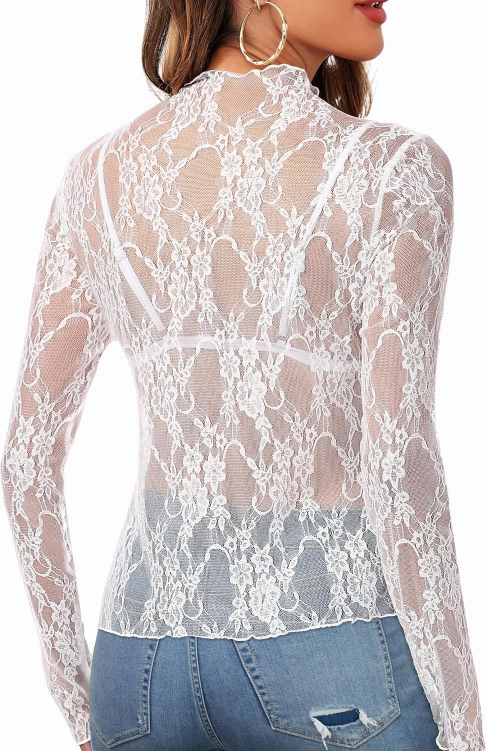 Buauty Women's Lace Long Sleeve Tops, Mock Neck Sheer Mesh Top, See Through Floral Lace Tops, Party Club Night Blouse Shirts