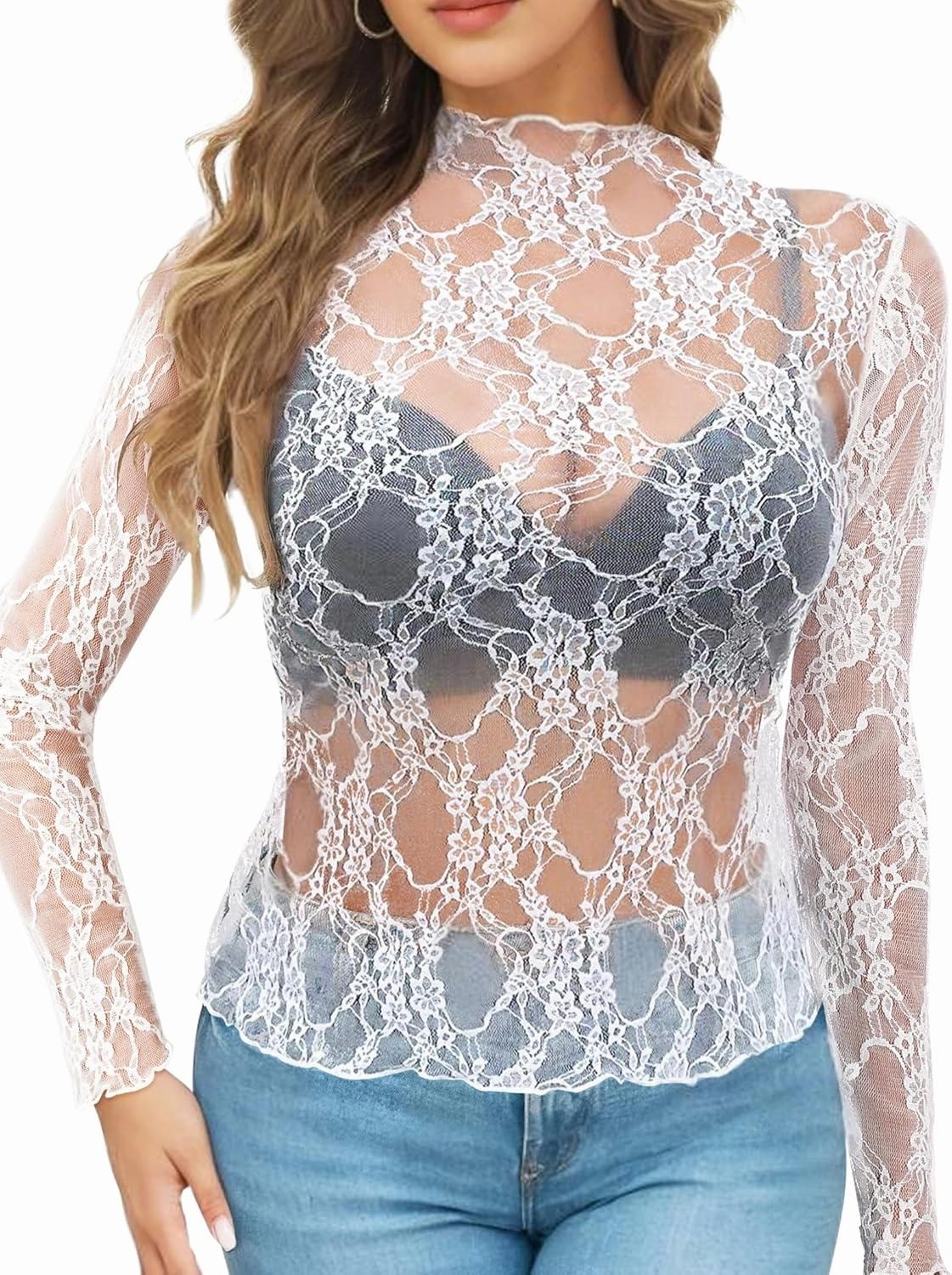 Buauty Women's Lace Long Sleeve Tops, Mock Neck Sheer Mesh Top, See Through Floral Lace Tops, Party Club Night Blouse Shirts