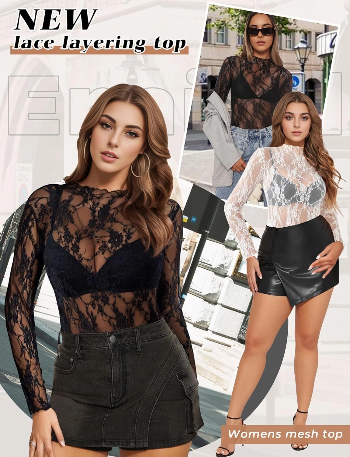 Buauty Women's Lace Long Sleeve Tops, Mock Neck Sheer Mesh Top, See Through Floral Lace Tops, Party Club Night Blouse Shirts