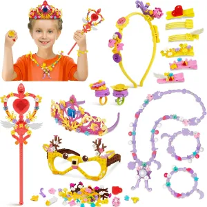 Building Jewelry Craft Toys for Girls DIY Making Kit Princess Building blocks Stem Educational Toys Dress Up Girl Toys for 5 6 7 8 9 Year Old 6-8 8-10 Birthday Gift Idea Party Favor Crown Wand