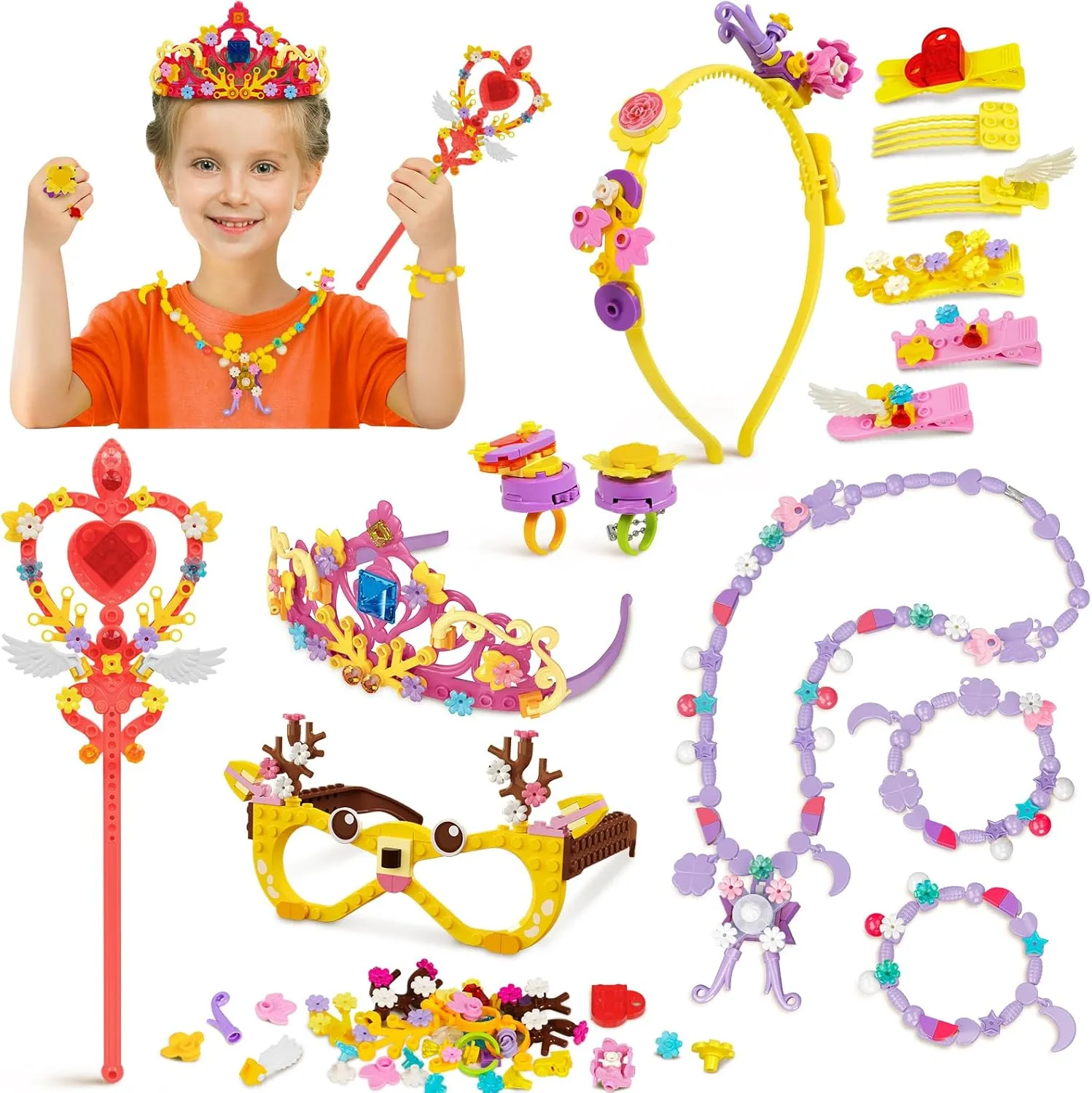 Building Jewelry Craft Toys for Girls DIY Making Kit Princess Building blocks Stem Educational Toys Dress Up Girl Toys for 5 6 7 8 9 Year Old 6-8 8-10 Birthday Gift Idea Party Favor Crown Wand