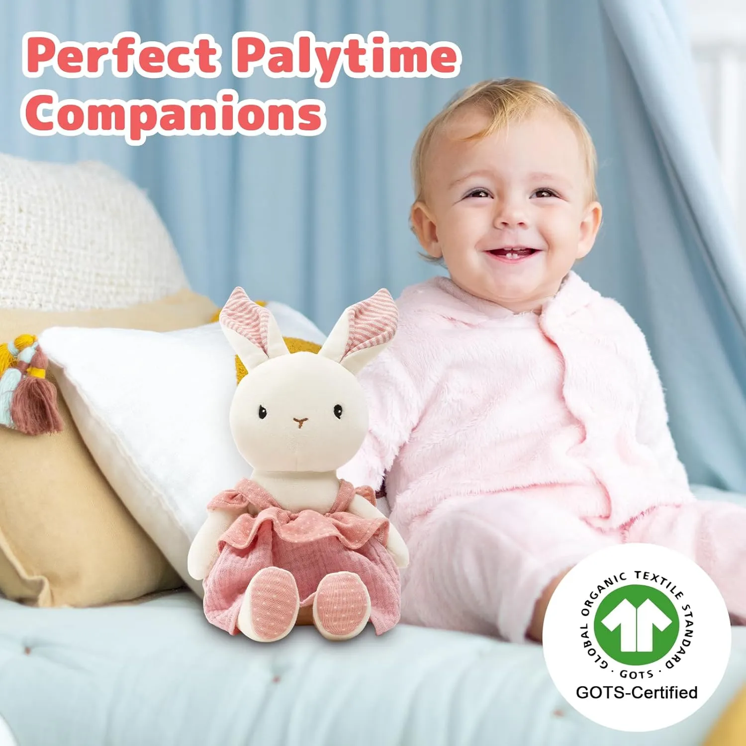 Bunny Stuffed Animal Organic Cotton Baby Plush Toys, 9" Easter Plush Bunny Soft Cuddly Toy for Babies and Toddlers