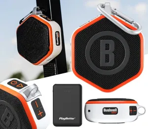 Bushnell Wingman Mini (Orange/White) Magnetic GPS Golf Speaker Bundle with PlayBetter Portable Charger - Music & Audible Distances Bluetooth Speaker for Golf Cart - 36,000  Courses