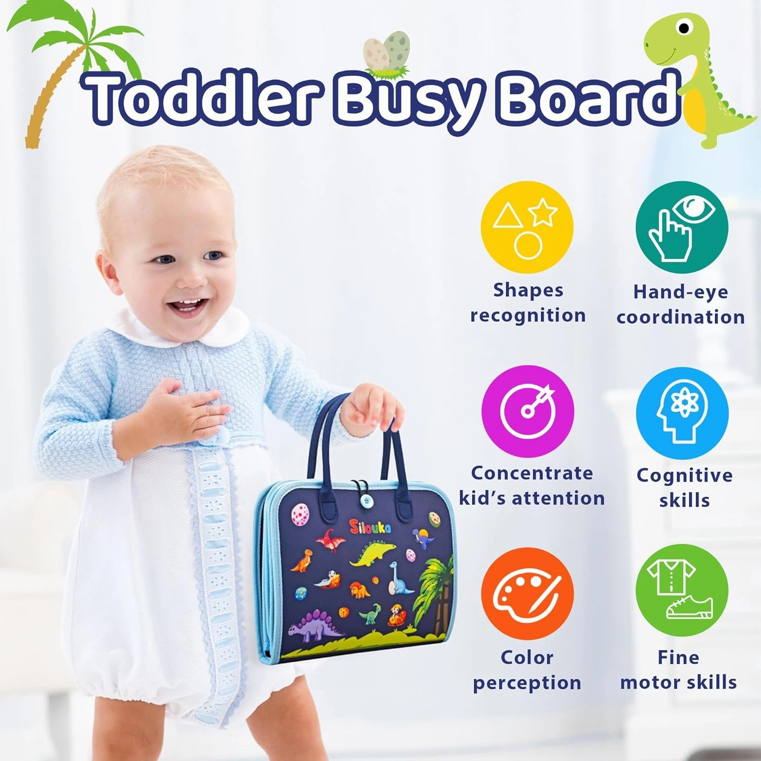 Busy Board Montessori Toys for Toddlers 1 2 3 4 Years Old, Busy Book for Toddlers 1-3 to Develop Fine Motor Skills, Travel Educational Gift for Boys (Dinosaur)