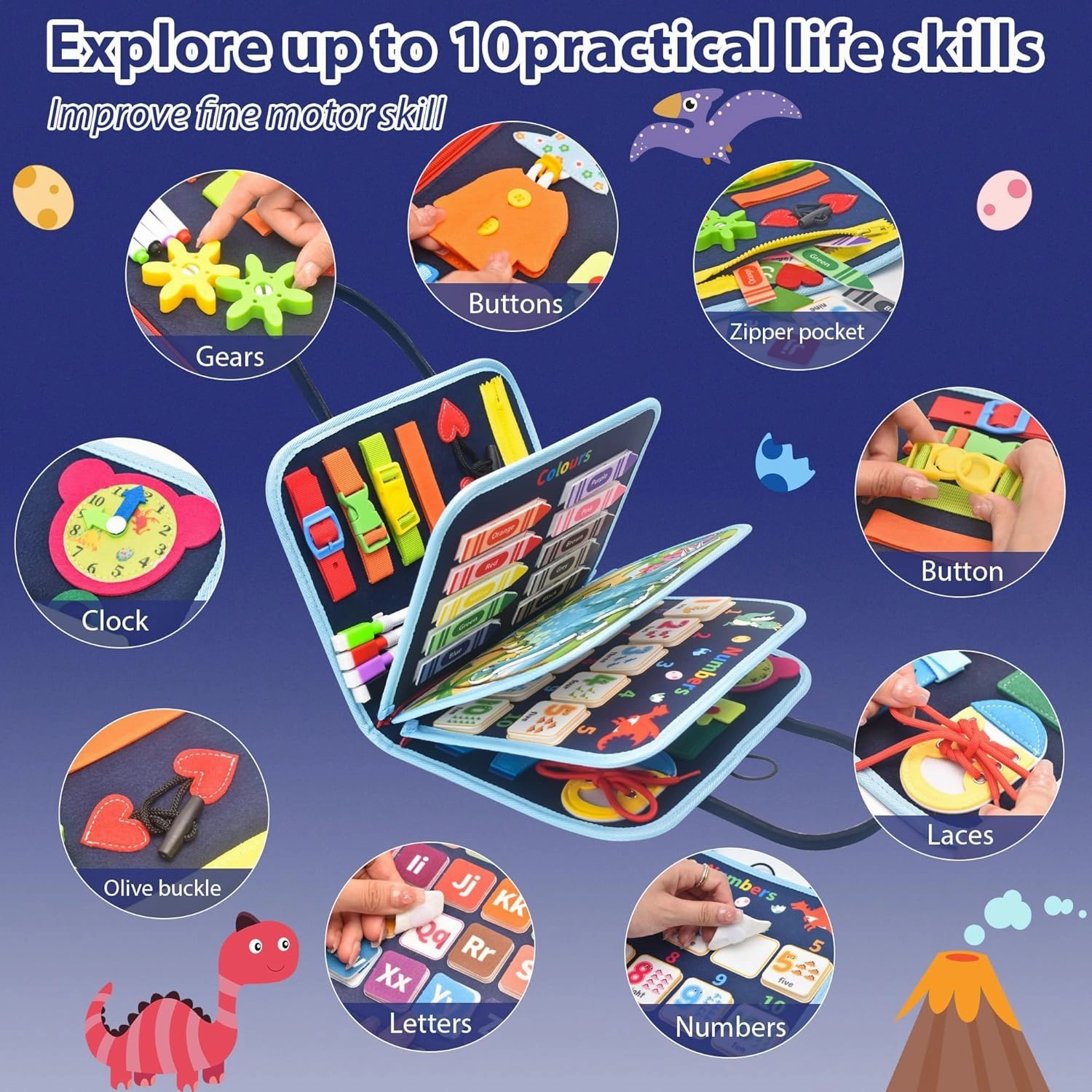 Busy Board Montessori Toys for Toddlers 1 2 3 4 Years Old, Busy Book for Toddlers 1-3 to Develop Fine Motor Skills, Travel Educational Gift for Boys (Dinosaur)