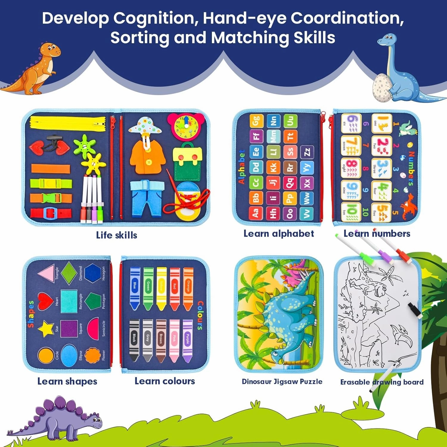 Busy Board Montessori Toys for Toddlers 1 2 3 4 Years Old, Busy Book for Toddlers 1-3 to Develop Fine Motor Skills, Travel Educational Gift for Boys (Dinosaur)