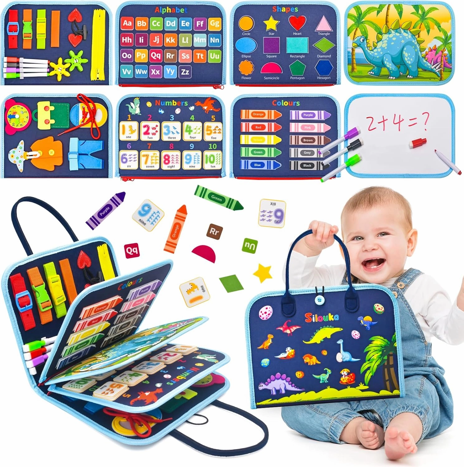 Busy Board Montessori Toys for Toddlers 1 2 3 4 Years Old, Busy Book for Toddlers 1-3 to Develop Fine Motor Skills, Travel Educational Gift for Boys (Dinosaur)