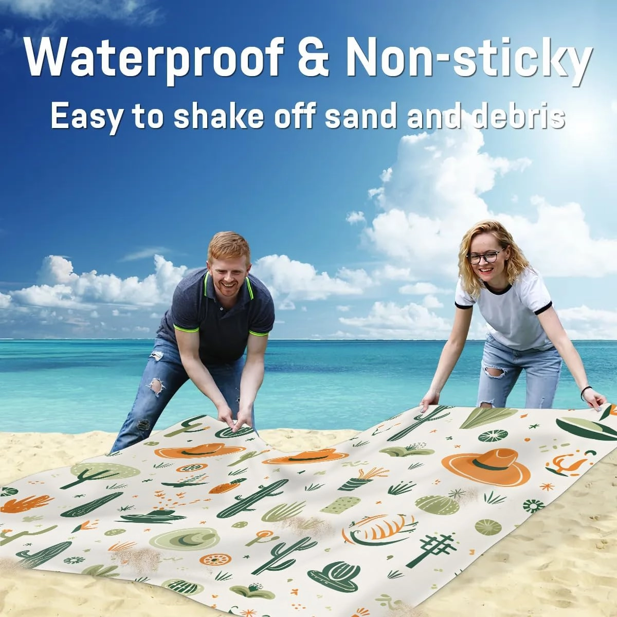 Cactus Beach Blanket, Sandproof Beach Mat, 68 x 59 Waterproof Quick Drying Sand Free Mat with 4 x Ground Spikes for Outdoor Travel Camping Hiking, Watercolor Cactus