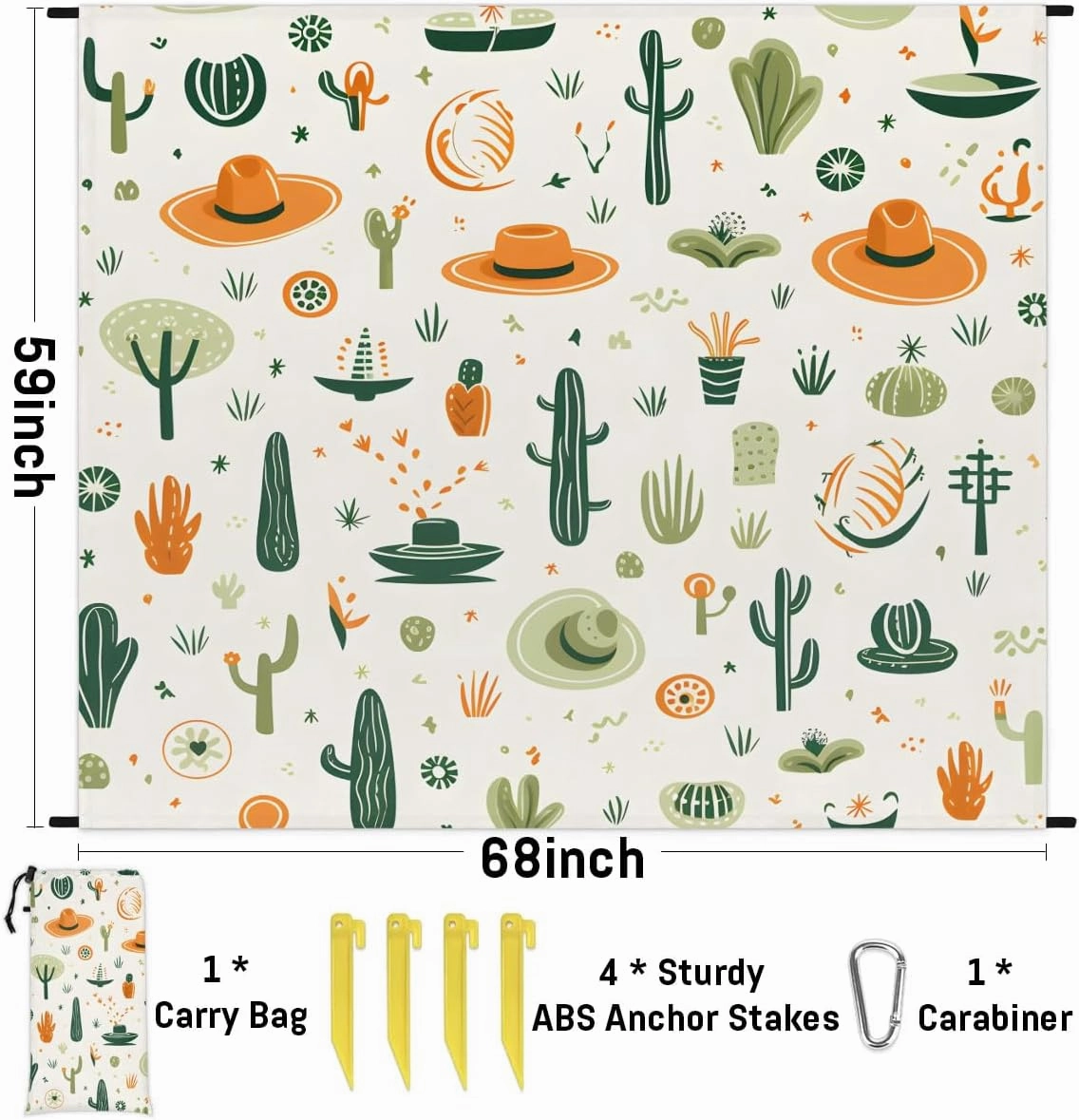 Cactus Beach Blanket, Sandproof Beach Mat, 68 x 59 Waterproof Quick Drying Sand Free Mat with 4 x Ground Spikes for Outdoor Travel Camping Hiking, Watercolor Cactus