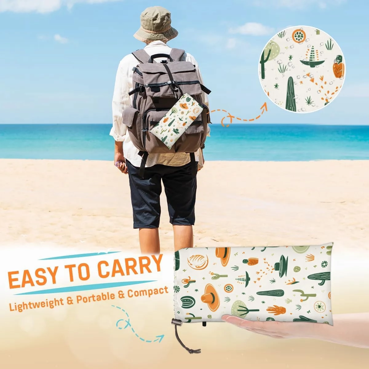 Cactus Beach Blanket, Sandproof Beach Mat, 68 x 59 Waterproof Quick Drying Sand Free Mat with 4 x Ground Spikes for Outdoor Travel Camping Hiking, Watercolor Cactus