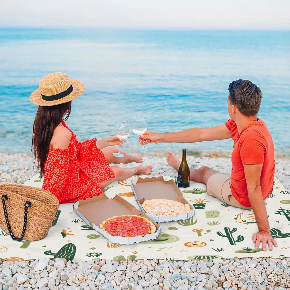 Cactus Beach Blanket, Sandproof Beach Mat, 68 x 59 Waterproof Quick Drying Sand Free Mat with 4 x Ground Spikes for Outdoor Travel Camping Hiking, Watercolor Cactus