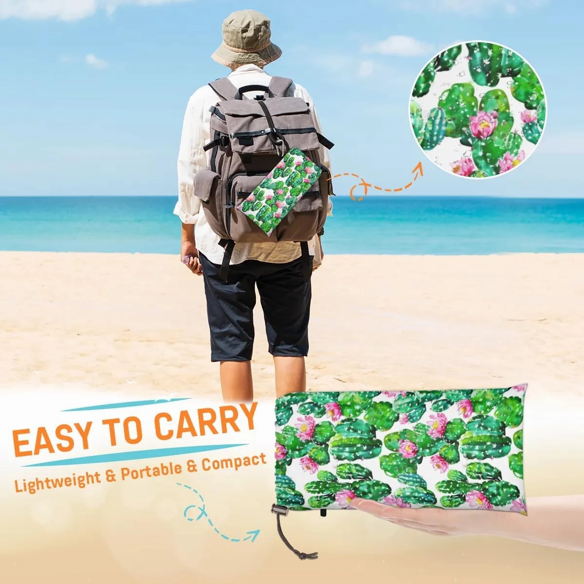 Cactus Placemats Beach Blanket, Sandproof Beach Mat, Adults Waterproof Quick Drying Sand Free Mat with 4 x Ground Spikes for Outdoor Travel Camping Hiking, Watercolor Cactus