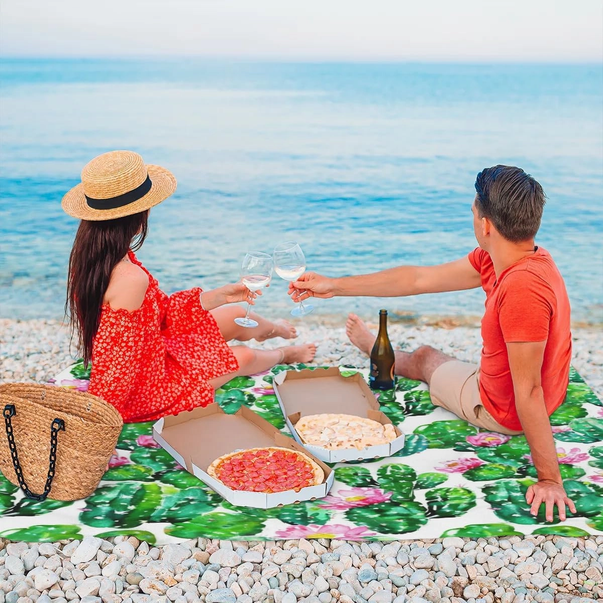Cactus Placemats Beach Blanket, Sandproof Beach Mat, Adults Waterproof Quick Drying Sand Free Mat with 4 x Ground Spikes for Outdoor Travel Camping Hiking, Watercolor Cactus