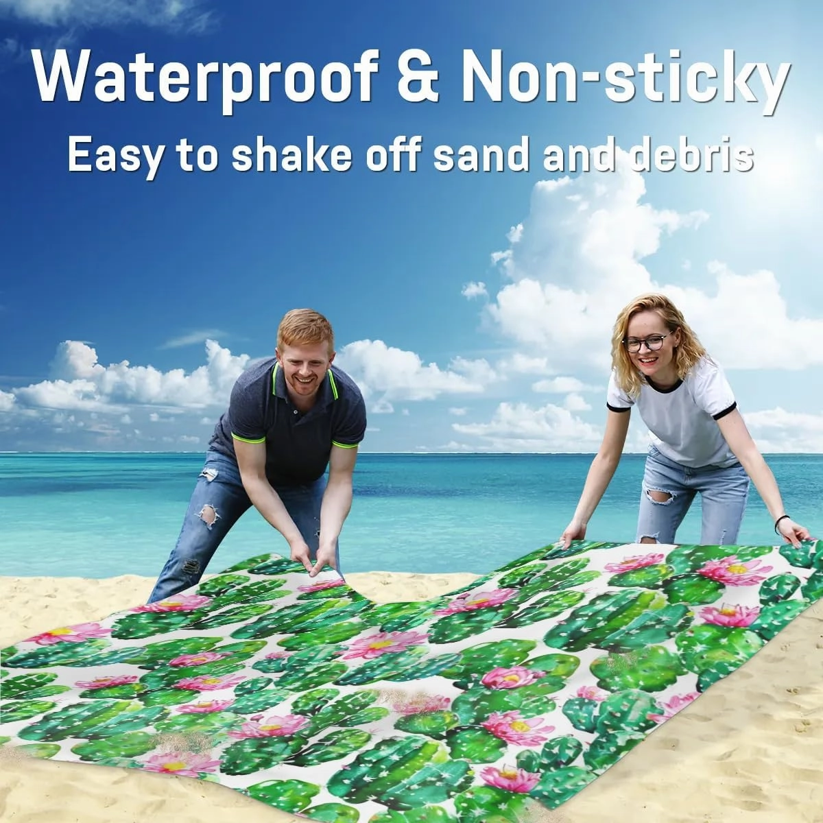 Cactus Placemats Beach Blanket, Sandproof Beach Mat, Adults Waterproof Quick Drying Sand Free Mat with 4 x Ground Spikes for Outdoor Travel Camping Hiking, Watercolor Cactus