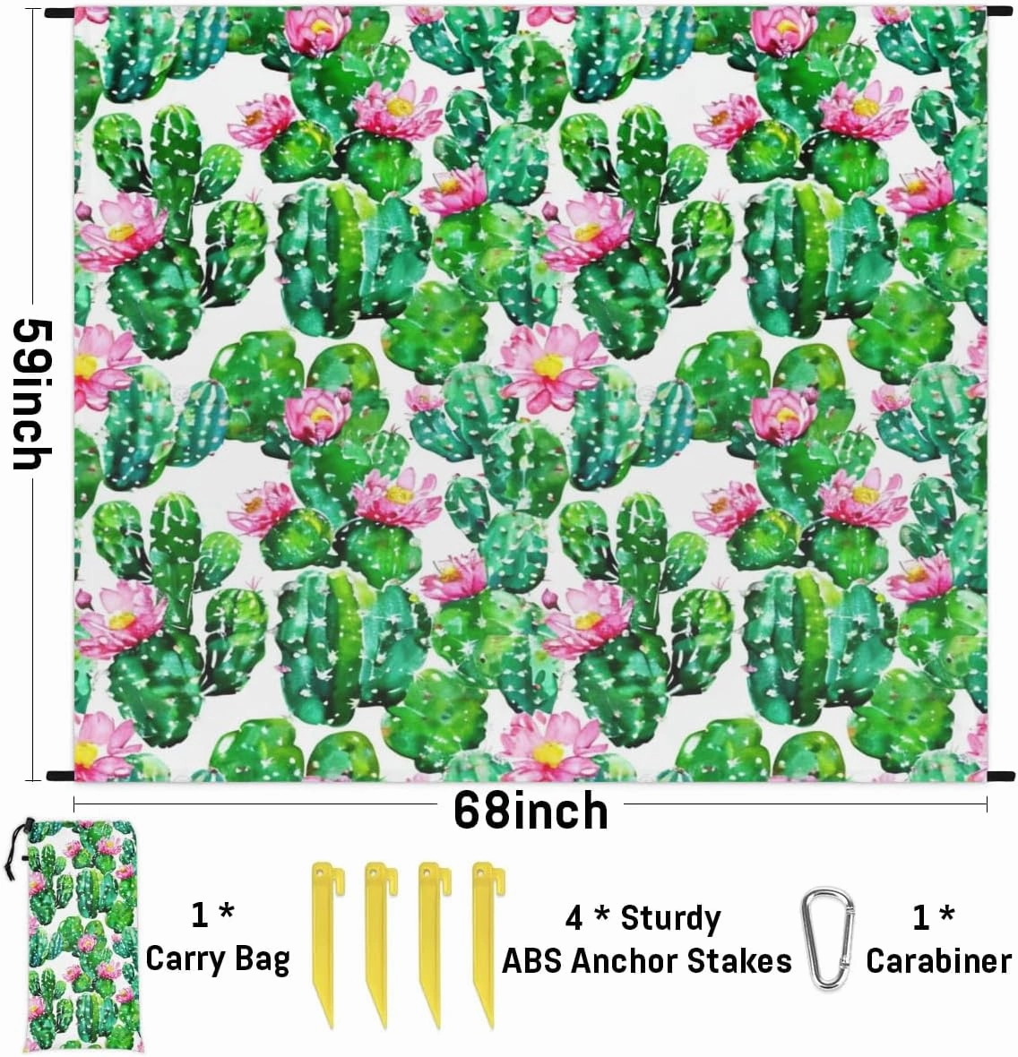 Cactus Placemats Beach Blanket, Sandproof Beach Mat, Adults Waterproof Quick Drying Sand Free Mat with 4 x Ground Spikes for Outdoor Travel Camping Hiking, Watercolor Cactus