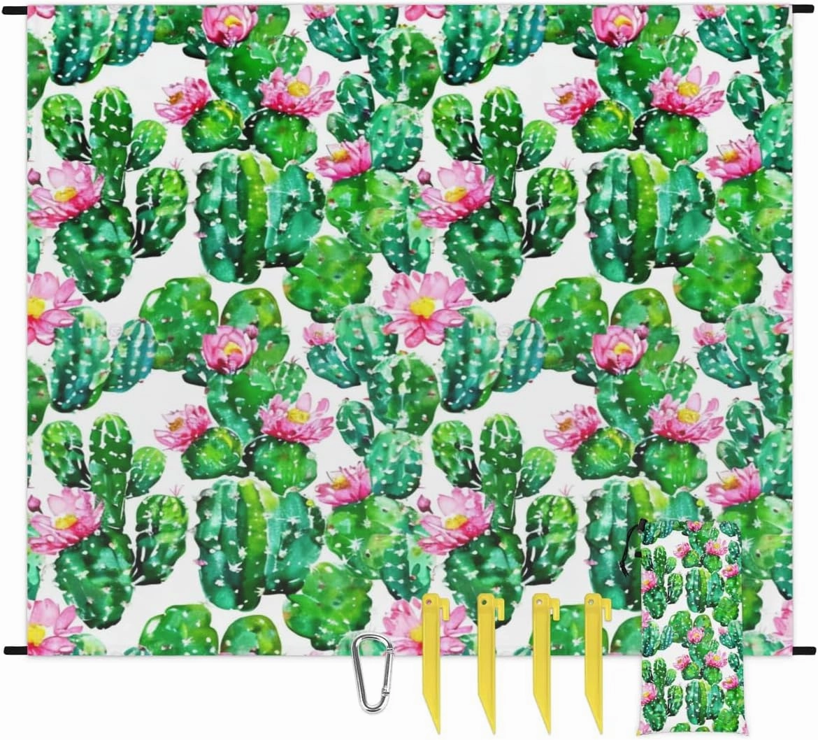 Cactus Placemats Beach Blanket, Sandproof Beach Mat, Adults Waterproof Quick Drying Sand Free Mat with 4 x Ground Spikes for Outdoor Travel Camping Hiking, Watercolor Cactus