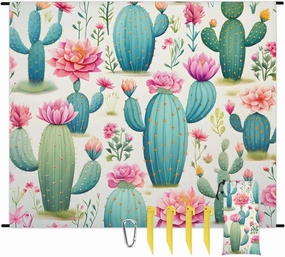 Cactus Plants Beach Blanket, Sandproof Beach Mat, 68 x 59 Waterproof Quick Drying Sand Free Mat with 4 x Ground Spikes for Outdoor Travel Camping Hiking, Tropical Cactus