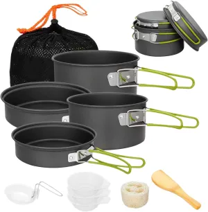 Camping Cooking Set, Aluminium Alloy Non-Stick Camping Pots and Pans with Handle, Portable Stackable Cookware with Mesh Bag for Outdoor Hiking Picnic ~