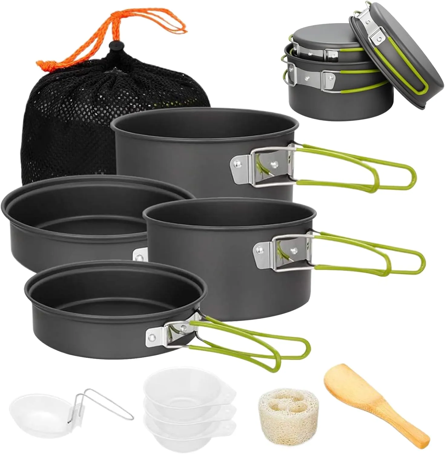 Camping Cooking Set, Aluminium Alloy Non-Stick Camping Pots and Pans with Handle, Portable Stackable Cookware with Mesh Bag for Outdoor Hiking Picnic ~