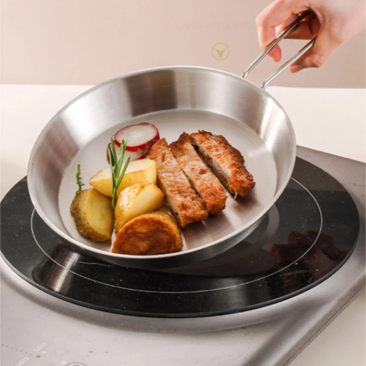 Camping Cookware 304 Stainless Steel Frying Pan Outdoor Flat Bottom Frying Pan Portable Camping Cooker Survival Gear(20cm)