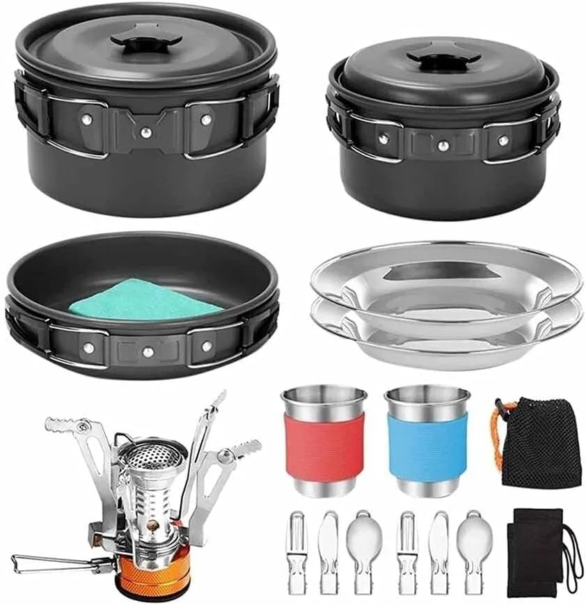 Camping Cookware Kit, Non-Stick Lightweight Pot, Pan, Kettle Set with Stainless Steel Cups & Plates, Portable Outdoor Cooking Set with Carrying Bag